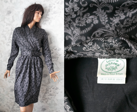 Vintage 1980's/90's Laura Ashley Grey Black Floral Print Wrap Pencil Slim Dress/ Long Sleeves Elegant Belted Knee Length Dress/S