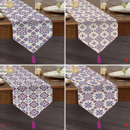 Tile Pattern Table Runner, Traditional Triangle Top, Ethnic Tablecloth, Tasseled Authentic Oriental Decor, Gift For Her