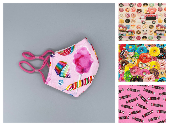 Candy, Tootsie Roll, Donut, Food Truck Face Mask - Adult, Child, Kid, School, Adjustable, Nose Wire, Cotton, Washable, Handmade, Reusable