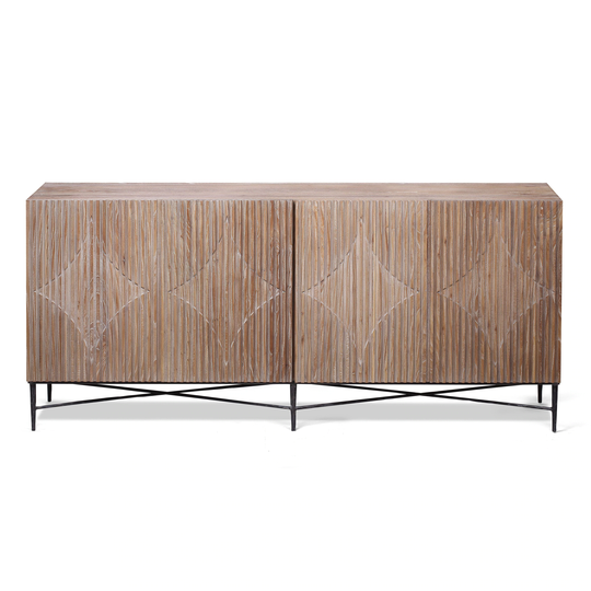 Zander 79" Carved Elm Wood Sideboard in Medium Brown with Hand Forged Iron Base