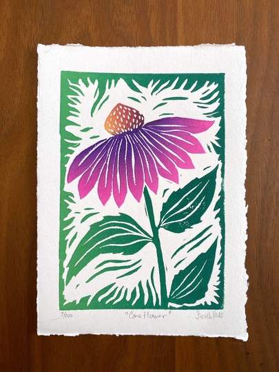 Cone Flower - Block Print Colorful Linocut