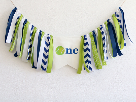 Navy Blue Tennis High Chair Banner, 1st Birthday Decor, Sports Bunting, Rag Tied Garland