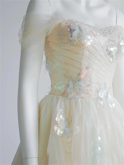 New Design Off-Shoulder Cream Color Prom Dress Organza Beige Evening Long Party Shiny Mermaid Sequins Graduation Princess