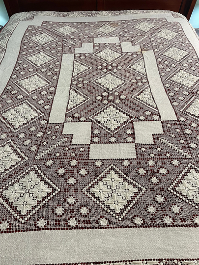 Vintage Linen & Lace Off White Table Cloth | Bed Cover Curtain. 60 X 75 Inches