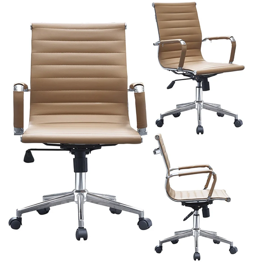Mid Century Modern Ergonomic Executive Office Chair Mid Back with Arms PU Leather Tilt Adjustable Height Wheels Swivel, Tan
