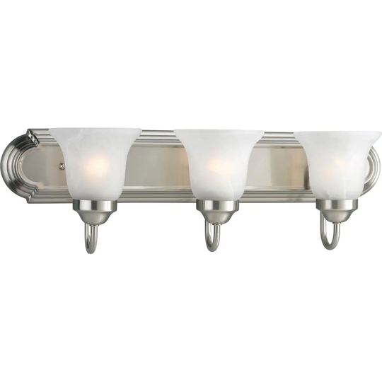 Three-Light Brushed Nickel Alabaster Glass Traditional Bath Vanity Light - 7.25" x 24" x 7.375"