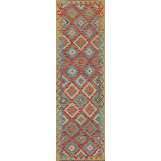 Colorful Kilim Reversible Runner Rug Hand-woven Geometric Wool Carpet - 2'7" x 9'8"