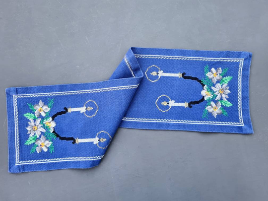 Danish Handmade Cross Stitch Table Runner - 60S Or 70S, Handmade. Cotton With Embroidery Of Candles. Christmas Decor. Xmas Joy
