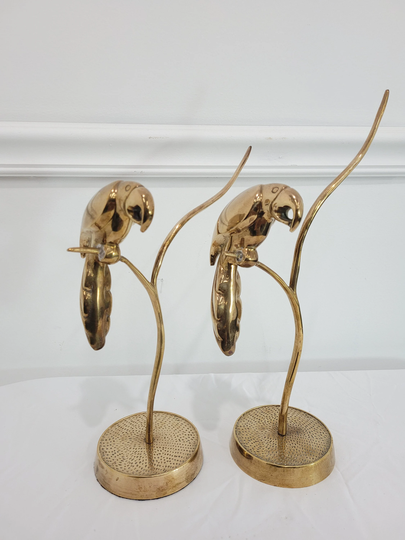 2 Vintage Brass Parrot Statues Metal Art Table Sculptures