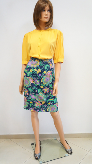 Floral Pencil Skirt, Viscose Vintage Italian Navy Blue Midi Skirtr, Large Size