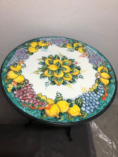Italian Volcanic Outdoor Table With Iron Base Lemon Decorated Design