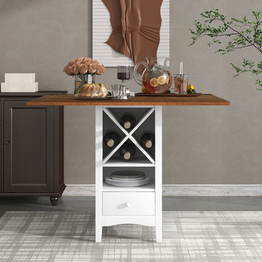 Farmhouse Wood Counter Height Dining Table with Drop Leaf and Drawers