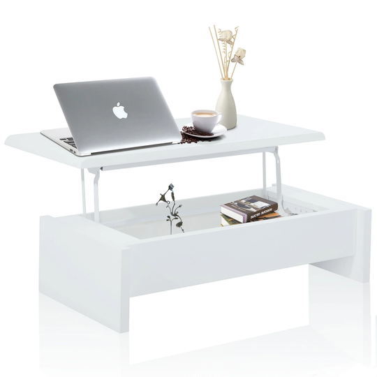 Lift Top Coffee Table with Hidden Compartment, Rising Tabletop Dining Table for Living Room Reception Room, White