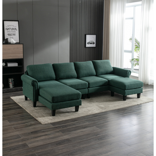 Sectional Sofa with Ottoman, Living Room Sofa Plastic Leg, Green