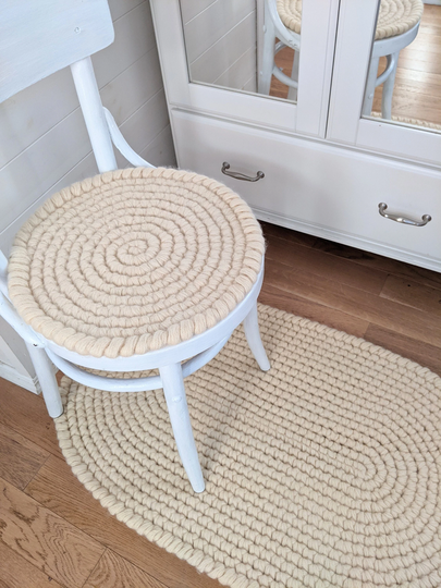 Natural Undyed Wool Felt Round Chair Pads White Cream - Crochet Rustic Wool Seat Cushions