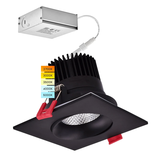 Luxrite Square LED Recessed Gimbal Light 5 Color Selectable 2700K - 5000K Dimmable Wet Rated ETL Listed Black 1 Pack