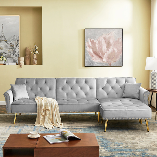 Modern Velvet Reversible Sectional Sofa Bed, L-Shaped Couch with Movable Ottoman&Nailhead Trim for Living Room