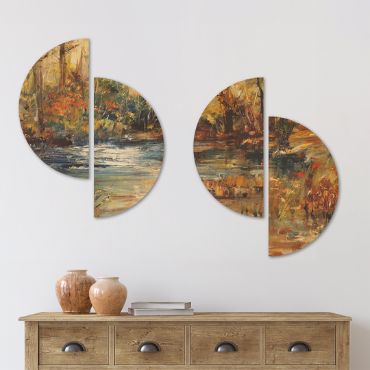 Designart 'Stream in Forest Oil' Landscape Wood Wall Art Set of 4 Half Circles - Multi-Color