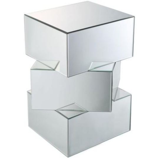 Mirror and Glass End Table with Unique Geometrical Base Design, Silver - 23.62 H x 19.69 W x 19.69 L Inches