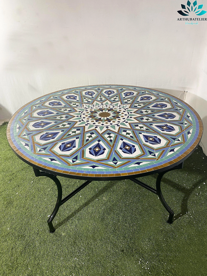 Large Mosaic Dining Table Round For Outdoor & Indoor 100% Handcrafted Mandala Design