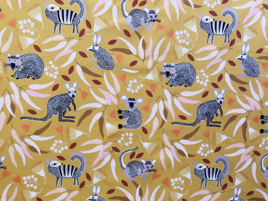 Aussie Bush Animals & Gum Leaves Mustard Floral Quilting Cotton Fabric By 1/4 Yard, 1/2 Yard Or Fat Quarter, Kangaroo Koala Possum Wombat