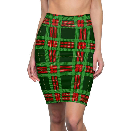 Green Red Plaid Skirt, Stretch Tartan Christmas Womens Pencil Skirt