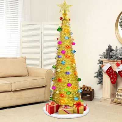 Pop Up Christmas Tree With Lights And Colorful Christmas Balls,Collapsible Pencil Christmas Trees Small Spaces Apartment Fireplace Party Home Office S