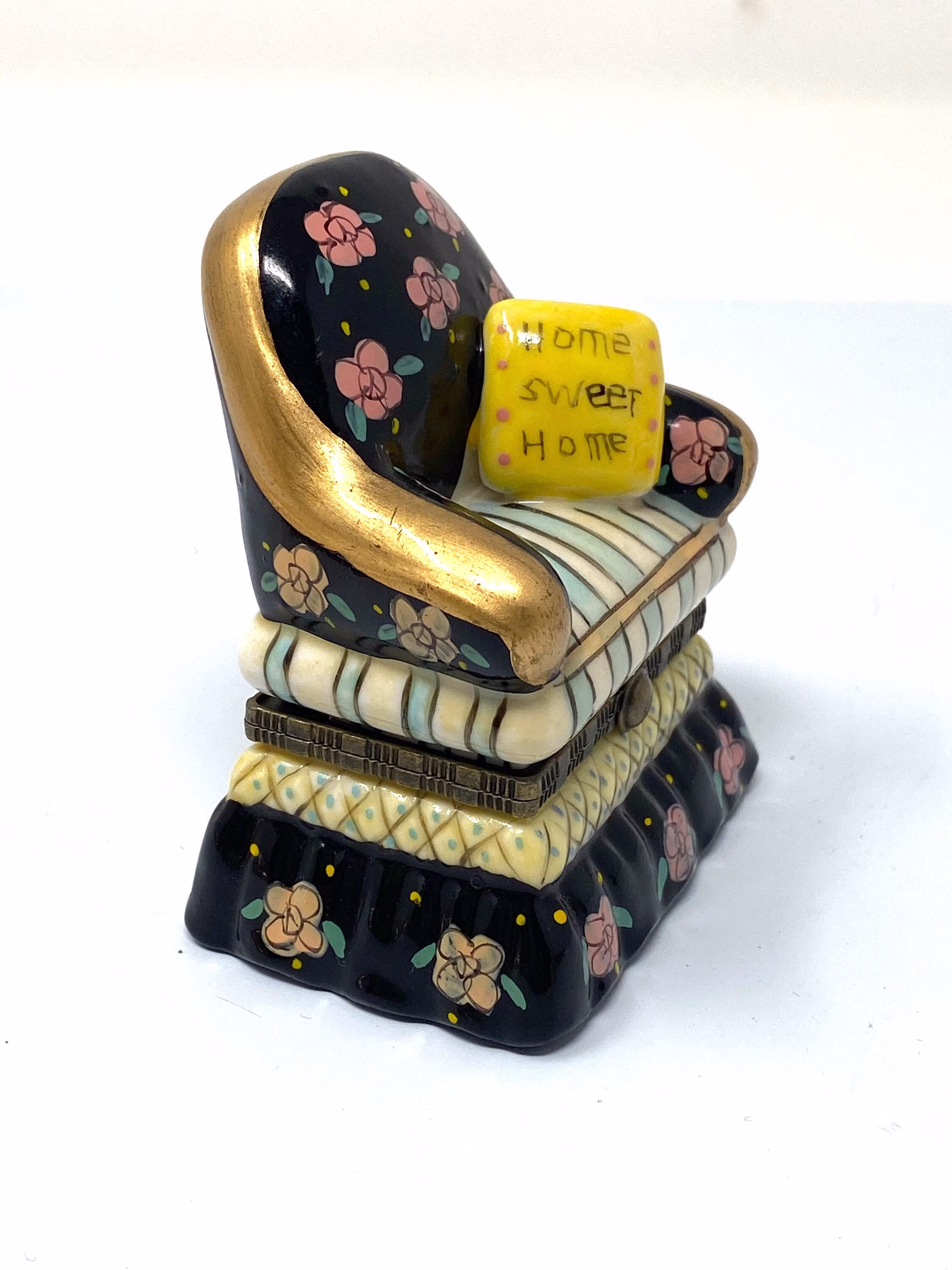Black Floral Chair-Porcelain Hinged Trinket Box Cushion with Home Sweet