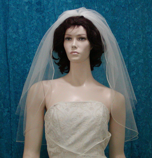 2 Tier Elbow Length Bridal Veil With Pencil Edge Bottom Tier & Sheer Plain Blusher Sale