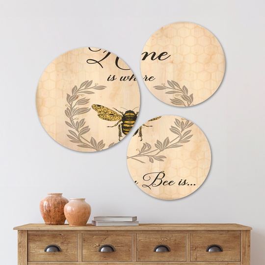 Designart 'Honey Bee A' Cottage Wood Wall Art Set of 3 Circles - Multi-Color