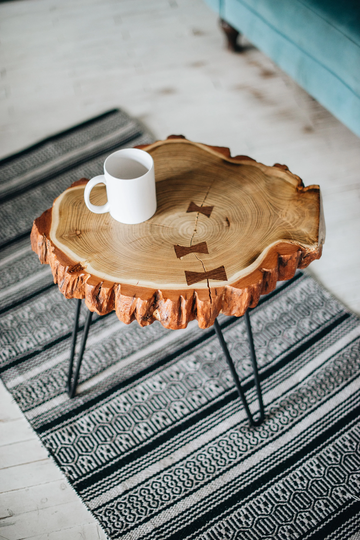 Round Coffee Table, Wood Slab, Rustic Acacia End Side Coffee Table, Mid-Century Living Room Table