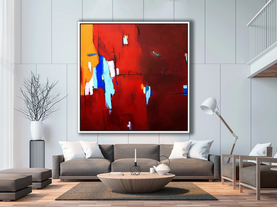 Large Red Abstract Canvas Art, Colorful Vibrant Wall Original Painting, Modern Ready To Hang Art