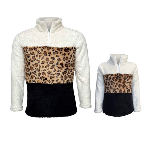 Mommy & Me Matching Sherpa Color Block White Cheetah Black Pullover | Sweatshirt Half Zip Girls Women Mom And