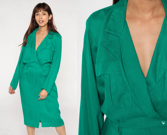 Green Midi Dress 80S Secretary Retro Button Up Wrap Pencil Front Slit Deep V Neck Pockets Long Sleeve Vintage 1980S Small Medium