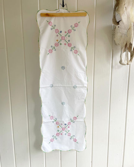 Beautiful Flower Embroidered Table Runner. Pink, Green, Blue, Purple, & Yellow Floral Tablecloth