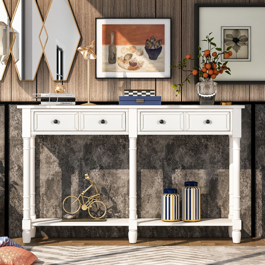 Ivory White Entryway Console Table with 2 Drawers and Bottom Shelf