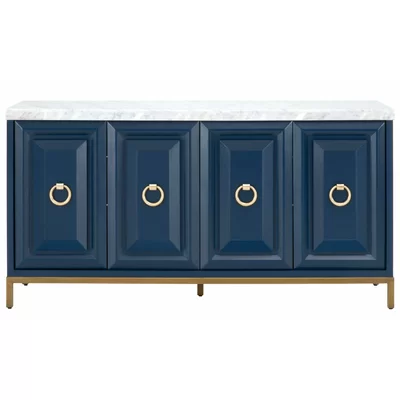 Wooden Sideboard with Two Double Door Storage Cabinets and Marble Top, Gray and White