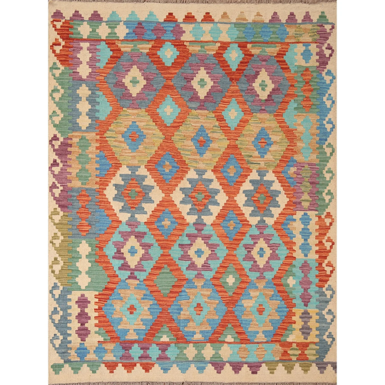 Reversible Kilim Area Rug Geometric Flat-weave Multi-Color Wool Carpet - 5'0" x 6'3"