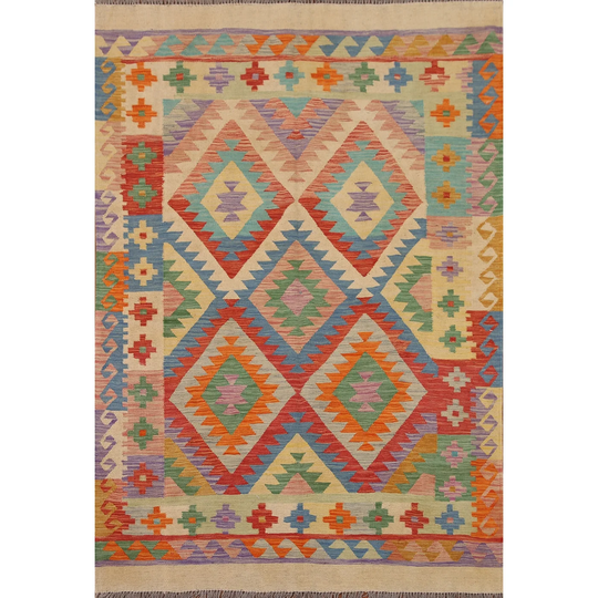 Reversible Multi-Color Kilim Area Rug Hand-woven Oriental Wool Carpet - 5'0" x 6'7"