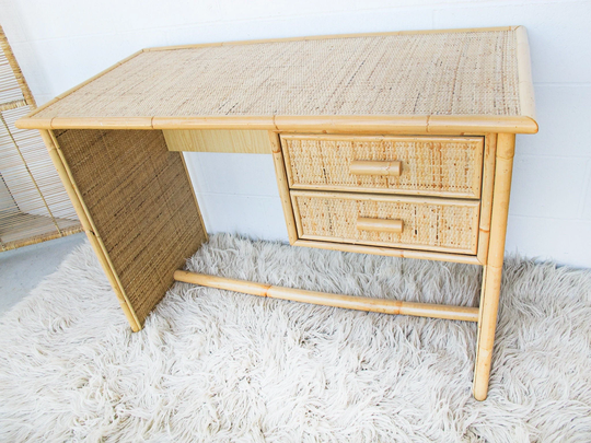 Italian Bamboo Rattan Desk With Two Drawers