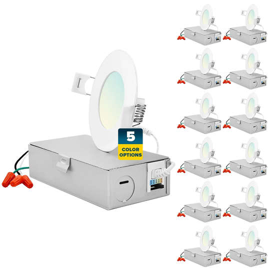 Sunperian 12-Pack 3 inch Ultra-Thin LED Recessed Light J-Box 5 Color Options 8W 540 Lumens Dimmable Wet Rated ETL