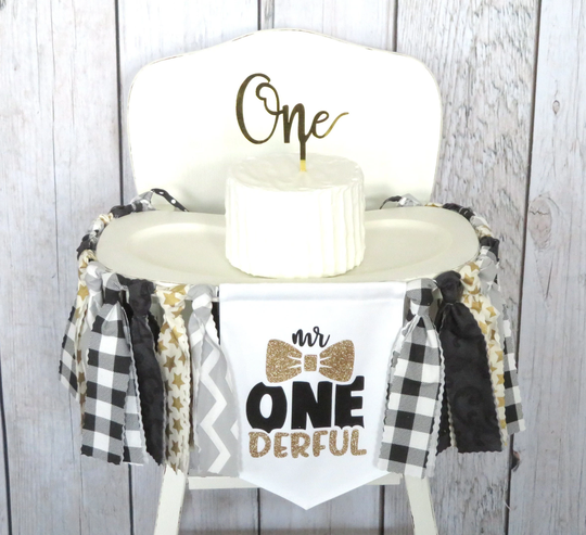 Mr Onederful High Chair Banner For His First Birthday Party - One Year Old Birthday, Black & Gold 1st Birthday Boy, Bowtie Boy