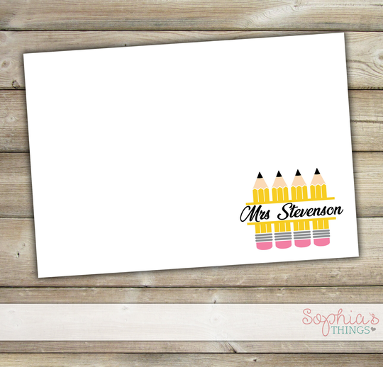 Teacher Personalized Stationery, Yellow Pencil Note Card Set, Stationery Custom Set Of 15 Flat Cards, Sm