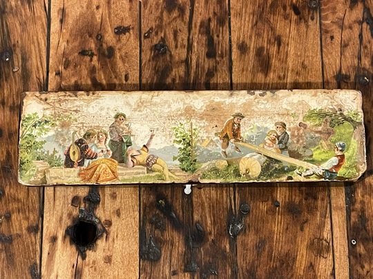 Vintage Early 1900's School Wood Pencil Box - Black Paint With Paper Label Images Of Happy Couples Drinking Wine & People On Teeter Totter