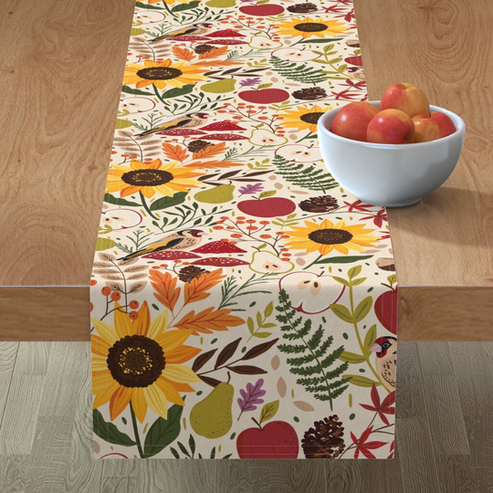 Autumn Harvest Table Runner - Sunflower By Sally Mountain Green Yellow Orange Apples Cotton Sateen Spoonflower