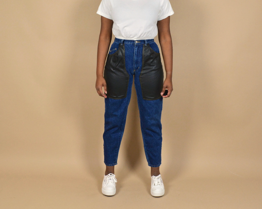 Jeantonic Size 26 Faux Leather Patch Denim High Rise Vintage Jeans