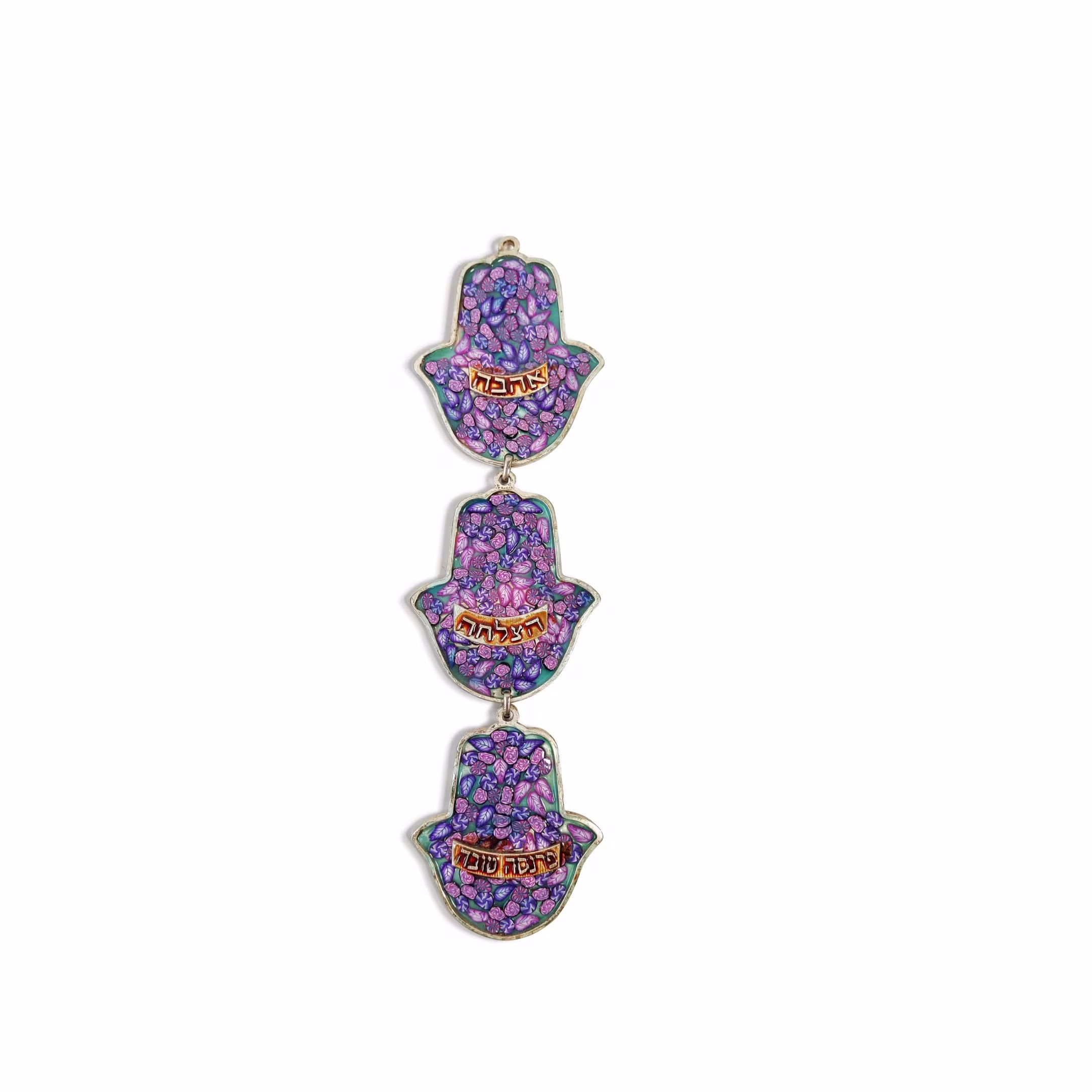 Colorful Hamsa Wall Hanging Mobiles With The Hebrew Blessings Made Of Polymer Clay, Polyester & Mazak - Modern Judaica Gift, Custom Colors