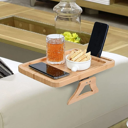 Bamboo Couch Tray Sofa Arm Table Holder For Food Snack Drinks Beverage Coaster Durable & Portable Cups Glasses Remote Phone