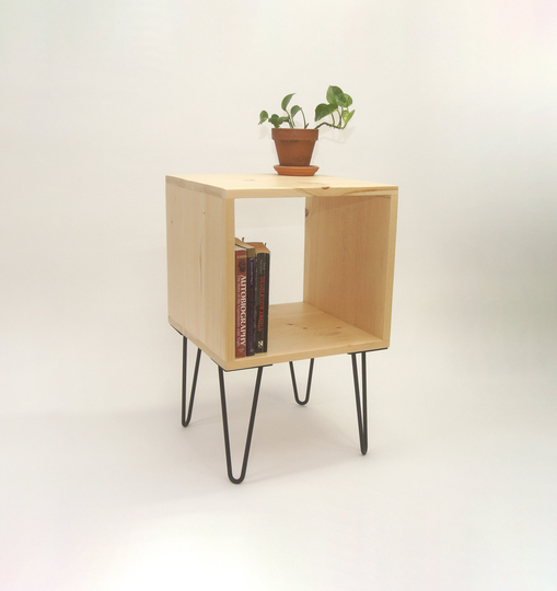 Simple Square Nightstand, Side Table With Hairpin Metal Legs, Reclaimed Pine Wood - Raw