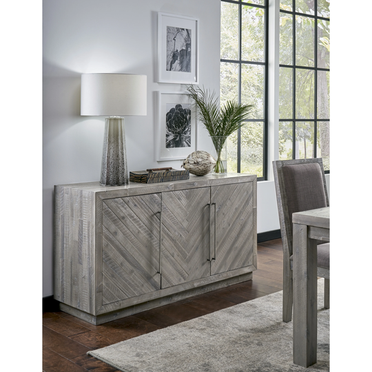 Three Door Wooden Sideboard with Sleek Metal Handle Pull, Rustic Latte Gray